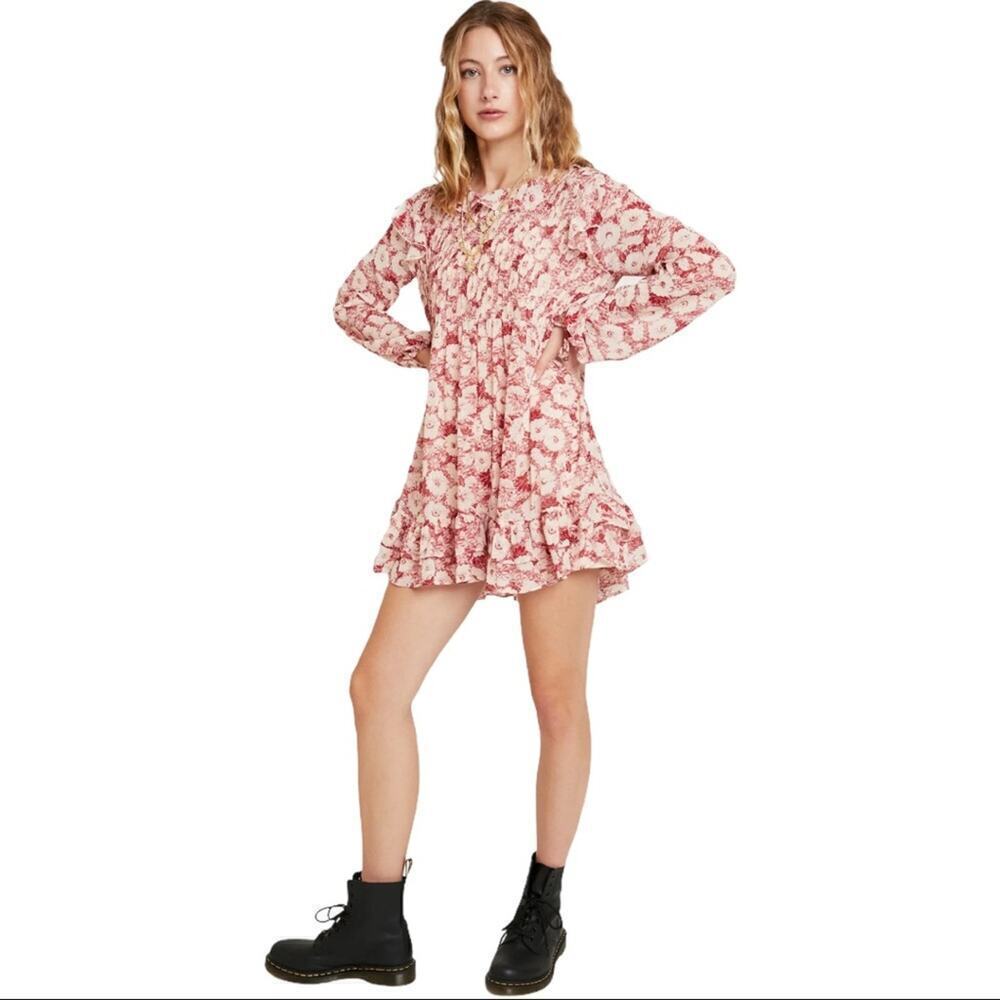 Free People These Dreams Pleated Mini Dress in Floral red Long Sleeve Medium